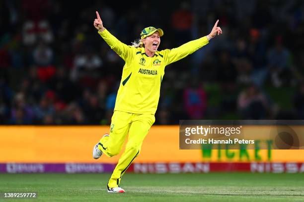 Australia captain Meg Lanning celebrates after Australia winning the 2022 ICC Women's Cricket World Cup Final match between Australia and England at...