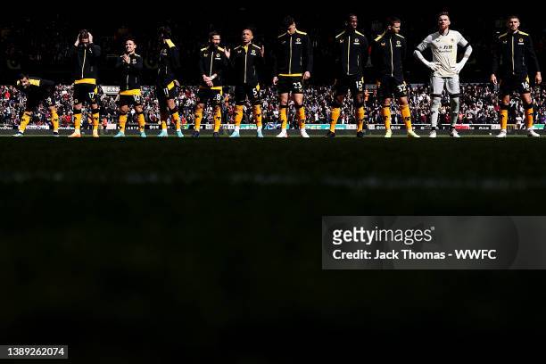 General view as Wolves players line up ahead of the Premier League match between Wolverhampton Wanderers and Aston Villa at Molineux on April 02,...