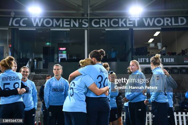 England players look dejected after their defeat in the 2022 ICC Women's Cricket World Cup Final match between Australia and England at Hagley Oval...