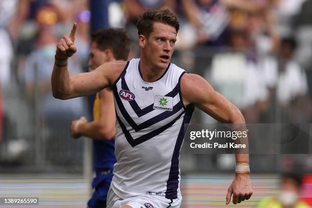 Matt Taberner of the Dockers celebrates a goal during the round three AFL match between the West Coast Eagles and the Fremantle Dockers at Optus...