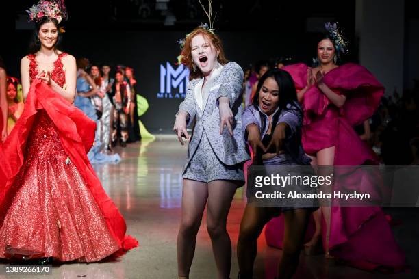 Designer Chona Bacaoco walks the runway at the MM Milano Fashion Show during Los Angeles Fashion week on April 01, 2022 in Los Angeles, California.