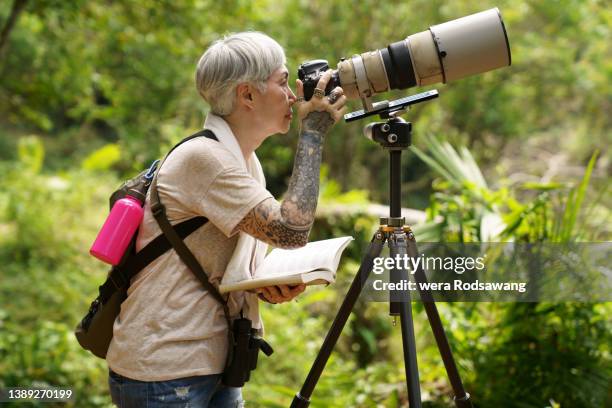 senior woman backpack tourist on hiking exploring nature wildlife taking photo in nature trail - old woman tattoos stock pictures, royalty-free photos & images