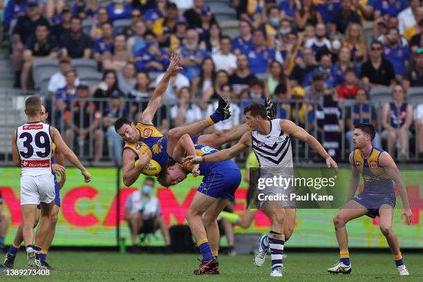 Jeremy McGovern of the Eagles marks the ball during the round three AFL match between the West Coast Eagles and the Fremantle Dockers at Optus...