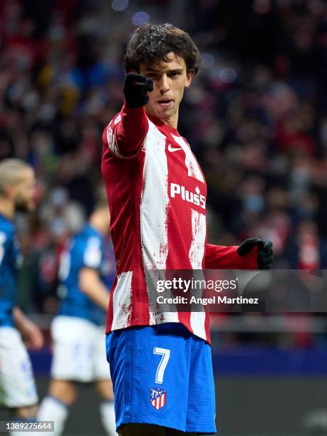 Joao Felix of Atletico de Madrid celebrates after scoring their team's first goal during the LaLiga Santander match between Club Atletico de Madrid...