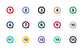 Marker points, information markers. Colorful markers with number from 1 to 15. Marker set on white background. Vector illustration.