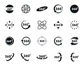 360 degrees view vector icons set. Signs with arrows to indicate the rotation or panoramas to 360 degrees. Virtual reality icons. Rotate symbol isolated in white background. Vector illustration