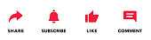 Icon set for channel and social networks. Like, Comment, Share, and Subscribe Button. Collection of subscription buttons in icon shape for channel, blog, social media. Vector illustration. EPS 10