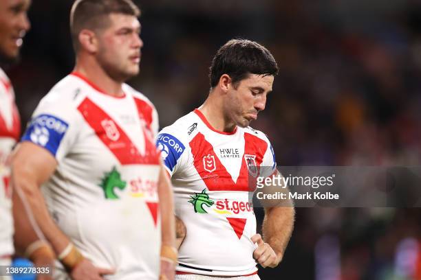 Ben Hunt of the Dragons looks dejected after a try during the round four NRL match between the Parramatta Eels and the St George Illawarra Dragons at...
