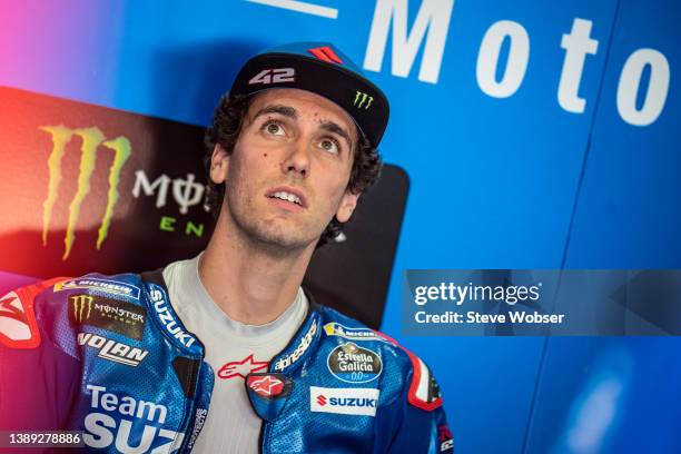 Alex Rins of Spain and Team SUZUKI ECSTAR inside his garage during the MotoGP of Argentina at the Autódromo Termas de Río Hondo on April 02, 2022 in...