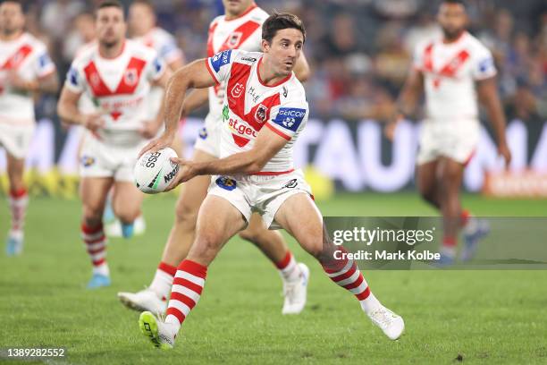 Ben Hunt of the Dragons passes during the round four NRL match between the Parramatta Eels and the St George Illawarra Dragons at CommBank Stadium,...