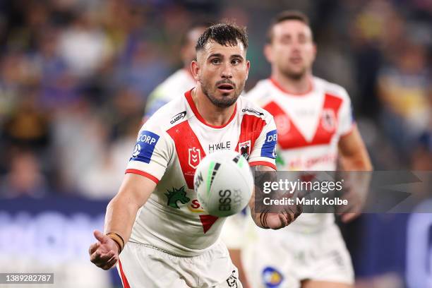 Jack Bird of the Dragons passes during the round four NRL match between the Parramatta Eels and the St George Illawarra Dragons at CommBank Stadium,...