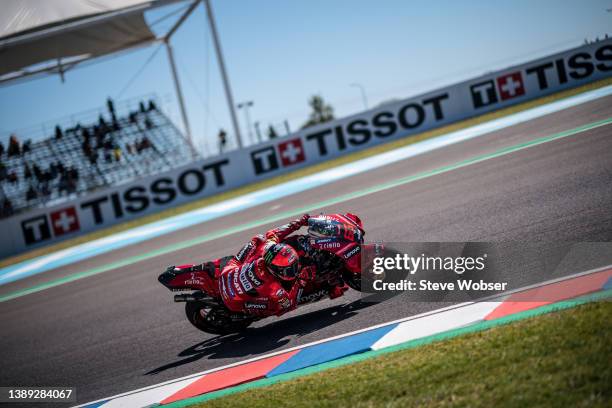 Francesco Bagnaia of Italy and Ducati Lenovo Team rides during the MotoGP of Argentina at the Autódromo Termas de Río Hondo on April 02, 2022 in...