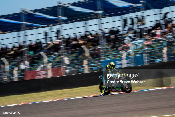 Moto2 rider Fermín Aldeguer of Spain and Speed Up Racing brakes during the MotoGP of Argentina at the Autódromo Termas de Río Hondo on April 02, 2022...