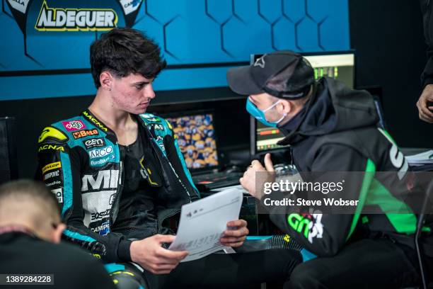 Moto2 rider Fermín Aldeguer of Spain and Speed Up Racing with his crew chief inside his garage during the MotoGP of Argentina at the Autódromo Termas...