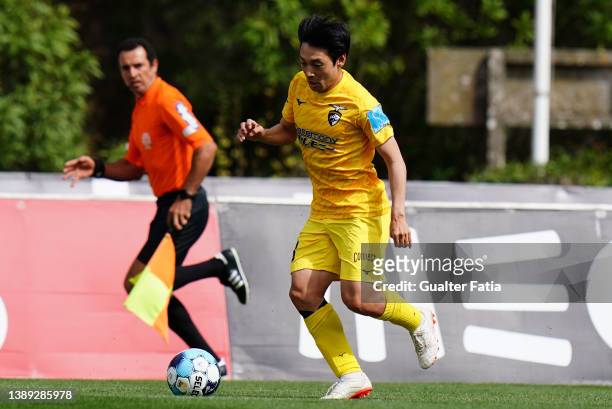 Shoya Nakajima of Portimonense SC in action during the Liga Bwin match between Belenenses SAD and Portimonense SC at Estadio Nacional on April 2,...