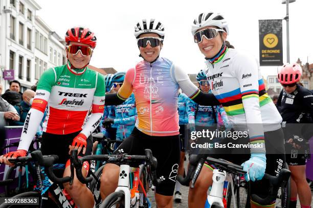 Elisa Longo Borghini of Italy and Team Trek - Segafredo, Marta Bastianelli of Italy and UAE Team Adq and Elisa Balsamo of Italy and Team Trek -...