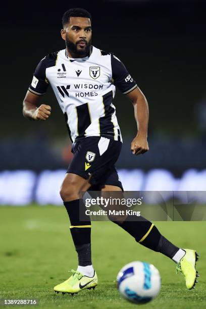 Adrian Mariappa of Macarthur FC controls the ball during the A-League Mens match between Macarthur FC and Perth Glory at Campbelltown Sports Stadium,...