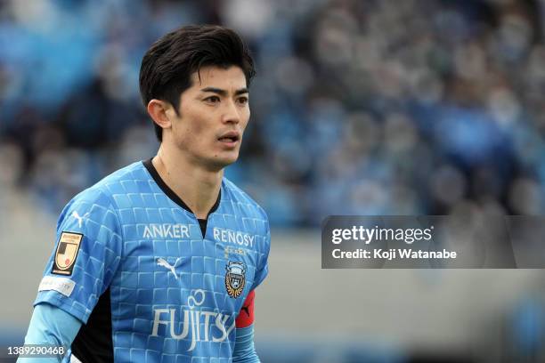 Shogo Taniguchi of Kawasaki Frontale looks on during the J.LEAGUE Meiji Yasuda J1 6th Sec. Match between Kawasaki Frontale and Cerezo Osaka at...