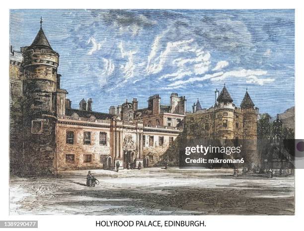 old engraved illustration of holyrood palace, edinburgh, capital of scotland - holyrood palace stock-fotos und bilder