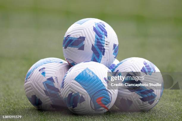 Detailed view of the match balls prior to the Serie A match between Atalanta BC and SSC Napoli at Gewiss Stadium on April 03, 2022 in Bergamo, Italy.