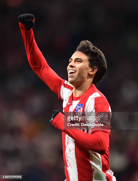 Joao Felix of Atletico de Madrid celebrates after scoring their team's first goal during the LaLiga Santander match between Club Atletico de Madrid...