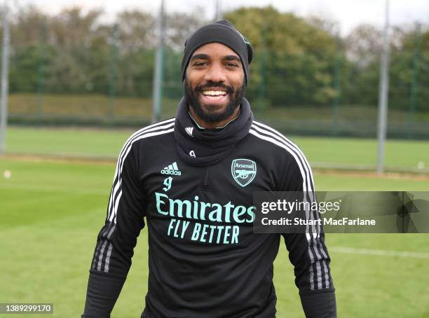 Alex Lacazette of Arsenal during a training session at London Colney on April 03, 2022 in St Albans, England.