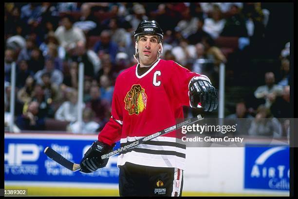 Defenseman Chris Chelios of the Chicago Blackhawks stands on the ice during a game against the Anaheim Mighty Ducks at Arrohead Pond in Anaheim,...