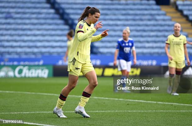 Tobin Heath of Arsenal celebrates after scoring their sides fifth goal during the Barclays FA Women's Super League match between Leicester City Women...