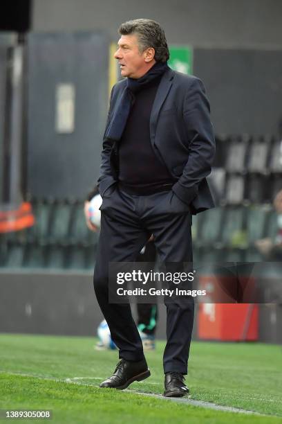 Head coach of Cagliari Calcio Walter Mazzarri reacts during the Serie A match between Udinese Calcio and Cagliari Calcio at Dacia Arena on April 03,...