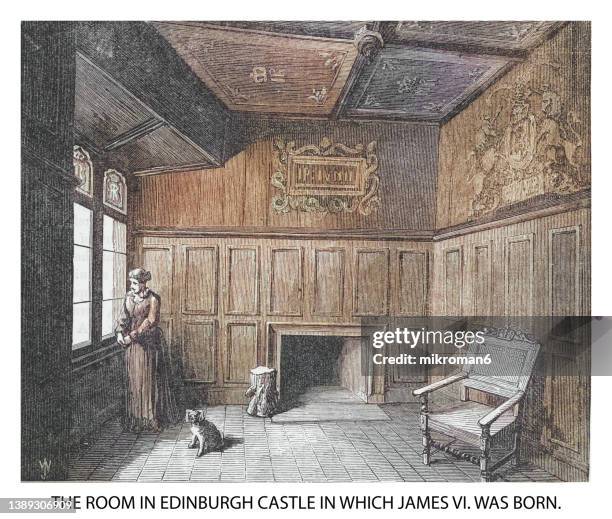 old engraved illustration of the room in edinburgh castle in which james vi was born - dogs life royals and their dogs stock-fotos und bilder