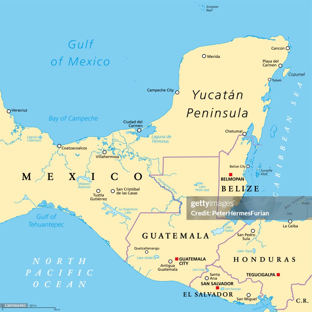 Yucatán Peninsula political map, large peninsula in southeastern Mexico