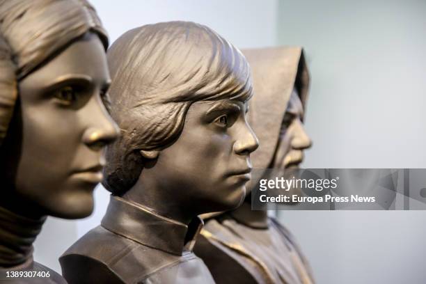 Busts, life-size and 3D printed, of Leia, Luke Skywalker, and Obi Wan Kenobi, from the 'Star Wars' universe, exhibited at the Auditorium and...