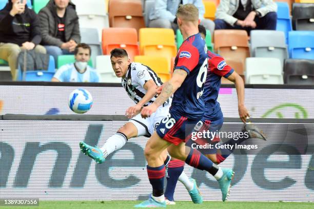 Nahuel Molina of Udinese Calcio in action during the Serie A match between Udinese Calcio and Cagliari Calcio at Dacia Arena on April 03, 2022 in...