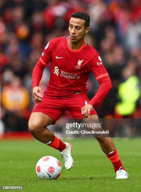 Thiago Alcantara of Liverpool on the ball during the Premier League match between Liverpool and Watford at Anfield on April 02, 2022 in Liverpool,...
