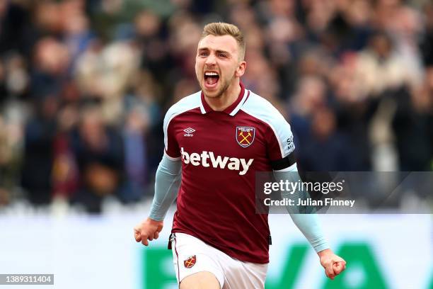 Jarrod Bowen of West Ham United celebrates after scoring their side's second goal during the Premier League match between West Ham United and Everton...