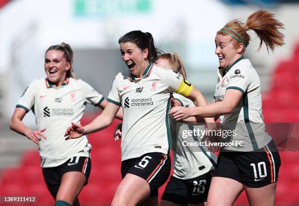 Niamh Fahey of Liverpool Women celebrates scoring their side's first goal with teammates during the FA Women's Championship match between Bristol...