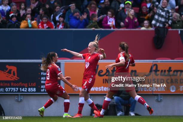 Aggie Beever-Jones of Bristol City celebrates with team mates Lia Cataldo and Abi Harrison of Bristol City after scoring their sides first goal...