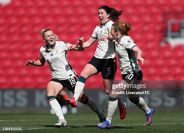 Niamh Fahey of Liverpool Women celebrates scoring their side's first goal with teammates Ceri Holland and Rachel Furness during the FA Women's...