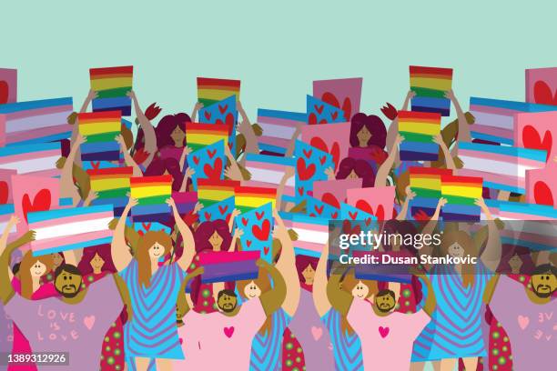 lgbtq-flaggen und menschen vereint - lgbtqia pride event stock-grafiken, -clipart, -cartoons und -symbole