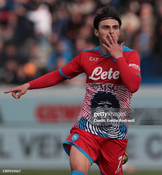 Eljif Elmas of SSC Napoli celebrates his goal during the Serie A match between Atalanta BC and SSC Napoli at Gewiss Stadium on April 03, 2022 in...