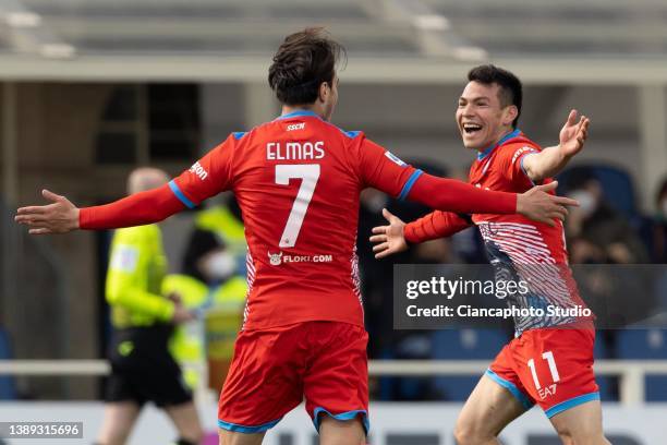 Eljif Elmas of Napoli SSC celebrates during the Serie A match between Atalanta BC and SSC Napoli at Gewiss Stadium on April 03, 2022 in Bergamo,...