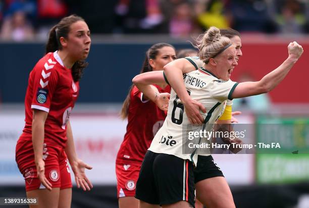 Jasmine Matthews of Liverpool celebrates with team mate Niamh Fahey after scoring their sides second goal during the FA Women's Championship match...