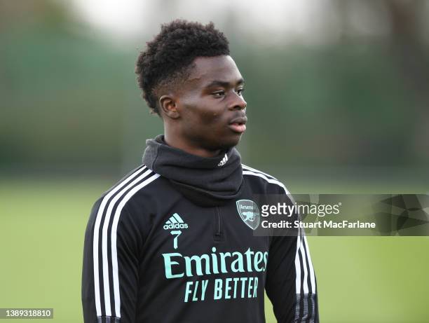 Bukayo Saka of Arsenal during a training session at London Colney on April 03, 2022 in St Albans, England.