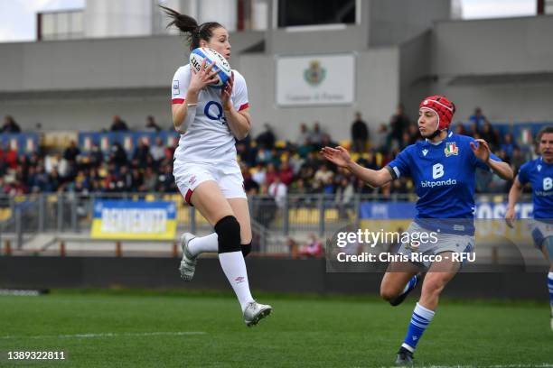 Emily Scarratt of England scores their side's tenth try during the TikTok Women's Six Nations match between Italy and England at Stadio Sergio...