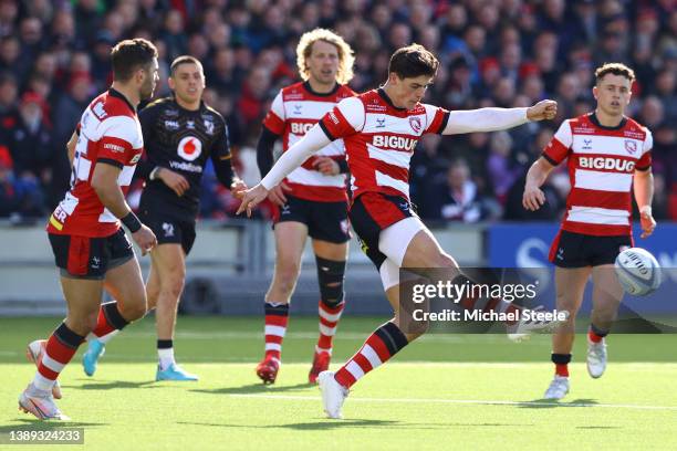 Louis Rees-Zammit of Gloucester kicks for position during the Gallagher Premiership Rugby match between Gloucester Rugby and Wasps at Kingsholm...