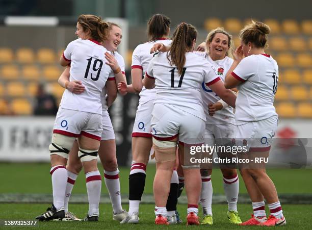 Vicky Fleetwood of England celebrates with teammates after victory in the TikTok Women's Six Nations match between Italy and England at Stadio Sergio...