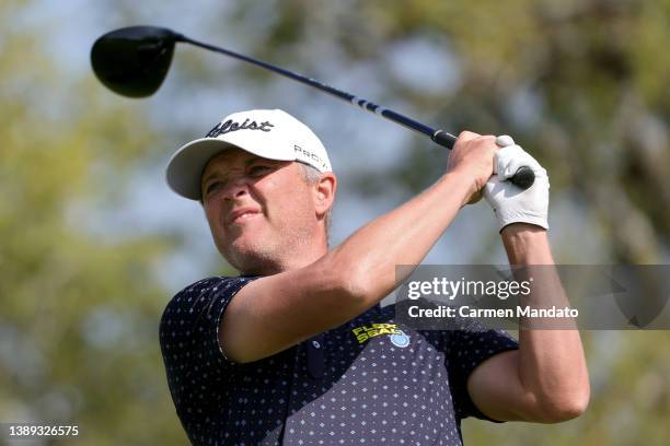 Matt Jones of Australia plays his shot from the second tee during the fourth round of the Valero Texas Open at TPC San Antonio on April 03, 2022 in...