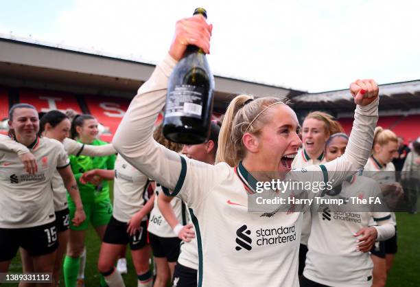 Missy Bo Kearns of Liverpool celebrates after victory leading to promotion to Barclays FA Women's Super League following the FA Women's Championship...