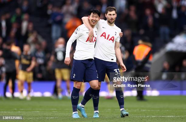 Heung-Min Son and Ben Davies of Tottenham Hotspur celebrate after victory in the Premier League match between Tottenham Hotspur and Newcastle United...