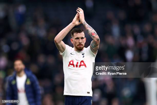 Pierre-Emile Hojbjerg of Tottenham Hotspur applauds the fans following victory in the Premier League match between Tottenham Hotspur and Newcastle...